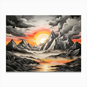 Sunset Over Mountains Black and Grey Canvas Print