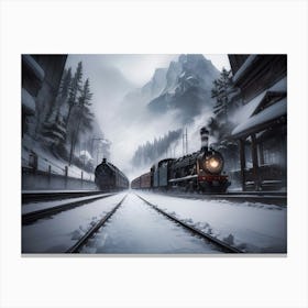 Classic Steam Train at a winter train station - Oil Painting Canvas Print