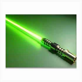 Green Lightsaber With Metallic Handle On A White Surface Against A Green Background Canvas Print