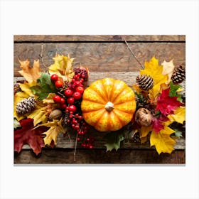 Autumn Themed Table Decor Featuring An Assortment Of Yellow And Orange Leaves Acorns Amidst A Garde (2) Canvas Print