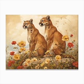 Floral Animal Illustration Cougar 2 Canvas Print