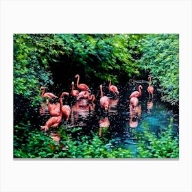 Flamingos in a Tranquil Lagoon. A serene scene of vibrant pink flamingos wading and interacting in a lush, green lagoon surrounded by dense foliage. The water reflects their elegant forms, creating a harmonious connection between nature and wildlife. 5 Canvas Print