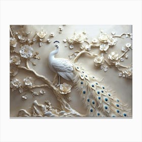 Majestic White Peacock with Floral Accent On 3d Canvas Print