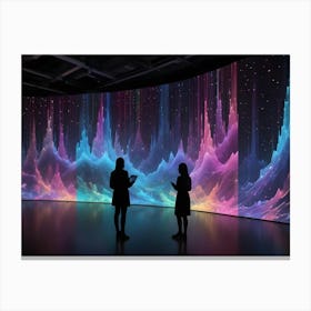 Two Silhouetted Women Stand In A Dark Room, Facing A Large, Curved Screen Displaying A Dynamic, Colorful, Abstract Image Canvas Print