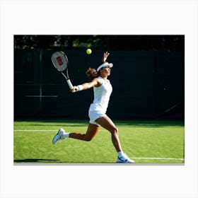 Tennis Player In Dynamic Forward Motion Mid Service Shadow Elongated On Outdoor Hard Court Late A (7) Canvas Print