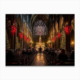 A Christmas Eve Service In A Candlelit Gothic Cathedral Illuminated Pews Leading To The Altar Prepa (4) 1 Canvas Print