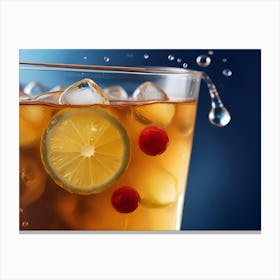 A Glass Of Iced Tea With Lemon Slices And Cranberries, With A Blue Background Canvas Print