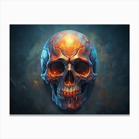 Glowing Human Skull With Fiery Eyes On A Blue Background Canvas Print