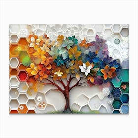 Colorful 3d Whimsical Tree On Oak, White Lattice and Vibrant Hexagonal Patterns Canvas Print