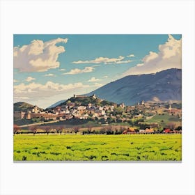 Panoramic View of Assisi. A vibrant and artistic depiction of Assisi, showcasing its hilltop position amidst the lush green plains, with its iconic medieval architecture framed by rolling hills and a dramatic blue sky. Canvas Print