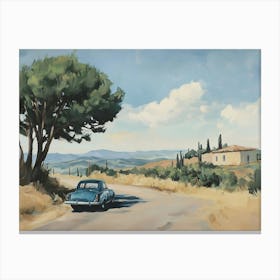 Blue Retro Car In Tuscany Landscape Canvas Print