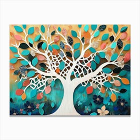 Whimsical Colorful Tree On Oak with White Lattice and Vibrant Leaves Canvas Print