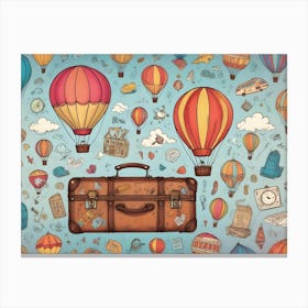 A Hand Drawn Illustration Depicting A Vintage Suitcase With A Variety Of Travel Themed Items, Including Hot Air Balloons, Clouds, And Compass, Against A Blue Background Canvas Print