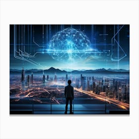 A Panoramic Illustration Of High Technology The Brain Represented As A Complex Server Emitting Stre Canvas Print