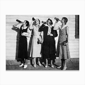 Four Women Drinking Beer, Black and White Vintage Prohibition Old Photo, Bar Cart Decor Canvas Print