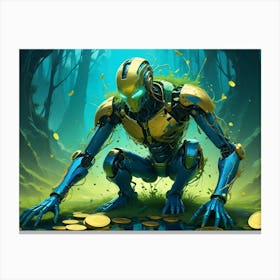 Blue And Yellow Robot Crouches Down, Collecting Glowing Bitcoin Coins Scattered In A Forest Clearing Canvas Print