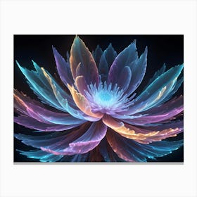 An Ethereal, Glowing Flower With Delicate, Feathery Petals In Shades Of Blue, Purple, And Orange, Against A Dark Background Canvas Print