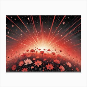 A Field Of Red Flowers Bathed In A Warm, Orange Light With A Star Filled Sky Above Canvas Print