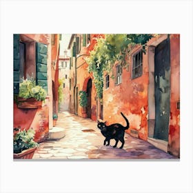 Black Cat In Ravenna, Italy, Street Art Watercolour Painting 4 Canvas Print