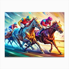 Three Racehorses In A Close Finish Canvas Print