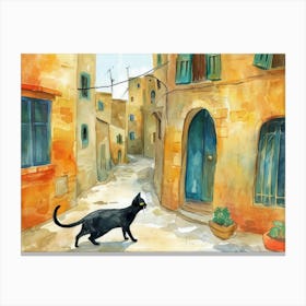 Beirut, Lebanon   Black Cat In Street Art Watercolour Painting 3 Canvas Print