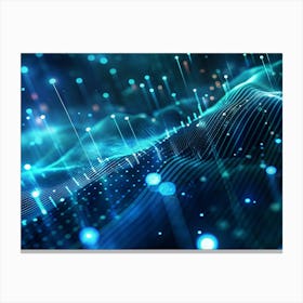 Abstract Background With A Flowing, Wave Like Pattern Of Blue And Green Particles, Lines, And Glowing Dots, Conveying A Sense Of Energy And Movement Canvas Print