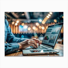 Close Up Of A Person S Hands Typing On A Laptop Keyboard In A Dimly Lit Setting With Bokeh Lights In The Background Canvas Print