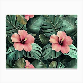 Tropical Seamless Pattern With Hibiscus Flowers, Beautiful Palm, Banana Leaves 1 Canvas Print