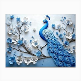 3d Blue Peacock On Branch With Flowers 1 Canvas Print