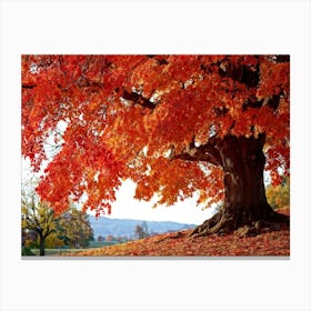 An Autumn Oak Tree Abundantly Lit Branches Spreading Widely Spanning A Slim Sleek Card Leaves Bla Canvas Print