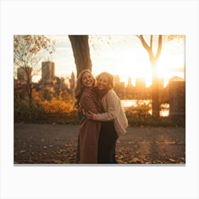 Best Friends Embracing In A Warm Hug Their Smiles Radiant Against The Backdrop Of A Bustling Urban (1) 2 Canvas Print