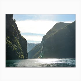 Geiranger Fjord in Norway | Waterfall lanscape in between the cliffs Canvas Print