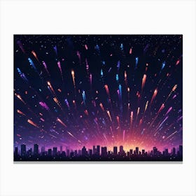 Abstract Image Of Colorful Fireworks Exploding Over A Cityscape Silhouette At Night Canvas Print