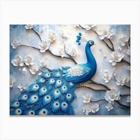 3d Background Blue Peacock on Branch with Flowers Canvas Print