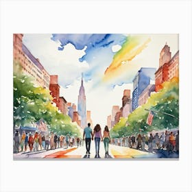 Watercolor Of A Manhattan Street Decked Out In Rainbow Hues For Pride Silhouettes Of A Joyous Gay C Canvas Print