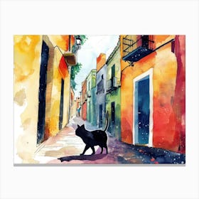 Malaga, Spain   Cat In Street Art Watercolour Painting 4 Canvas Print