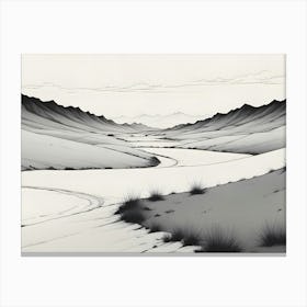 A Black And White Illustration Of A Valley With Mountains In The Background Canvas Print