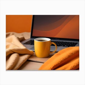 A Cozy, Autumnal Scene Featuring A Laptop, A Yellow Mug, And A Blanket Canvas Print