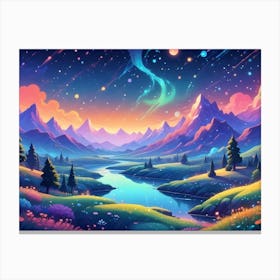 Illustration Of Colorful, Magical Mountains, With A Rainbow Aurora In The Sky, A River Winding Through The Valley Canvas Print