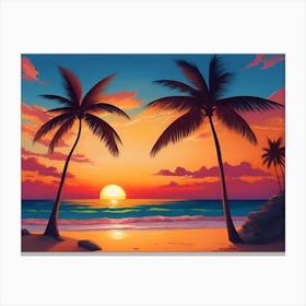 A Tranquil Beach At Sunset Horizontal Illustration 46 Canvas Print