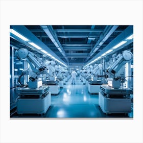 Ai Enhanced Factory Interior Illuminated By Soft Blue Light Robotic Arms Intricately Assembling Com 2 1 Canvas Print