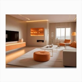 A Modern Living Room Interior With A White Sofa, A White Cabinet, A Fireplace, A Plant, An Orange Armchair, A Coffee Table, And Accent Lighting Canvas Print