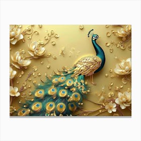 3d Peacock Illustration Background With Golden Jewelry And Flowers 5 Canvas Print