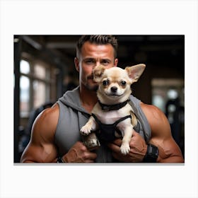 Bodybuilder holding cute Chihuahua dog 2 Canvas Print