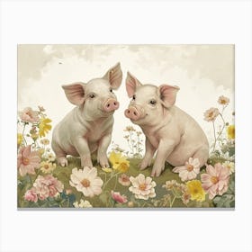 Floral Animal Illustration Pig 3 Canvas Print