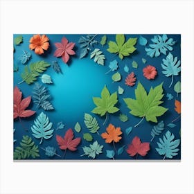 Colorful Leaves Arranged In A Circle On A Blue Background Canvas Print