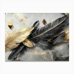 Golden And Black 3d With Feathers And Triangles On A Marble 1 Canvas Print