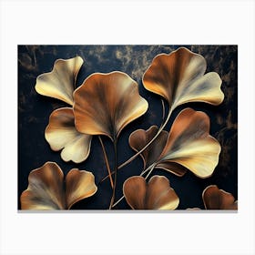 3d Floral Art with Golden Ginkgo Biloba Leaves on Dark Background 1 Canvas Print