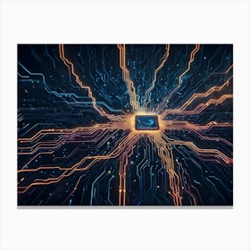 Abstract Image Of A Glowing, Blue Chip Inside A Network Of Orange Lines, Resembling A Computer Processor Or A Central Hub For Data Canvas Print