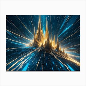 A Abstract Golden Structure With Blue Rays Emanating Outwards Against A Dark Background, Conveying Technology, Power, Or A Futuristic Setting Canvas Print